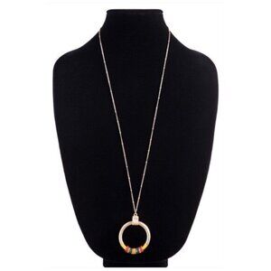 Round Pendant Necklace Boho Mixed Beads & Fine Thread Gold Tone Long Length